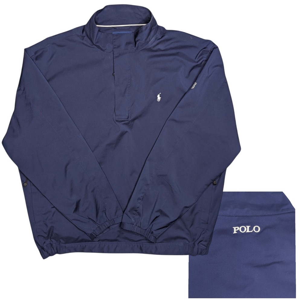 Polo Golf Ralph Lauren Spell Out Windbreaker Jacket Mens XL Navy Blue 1/4 Zip